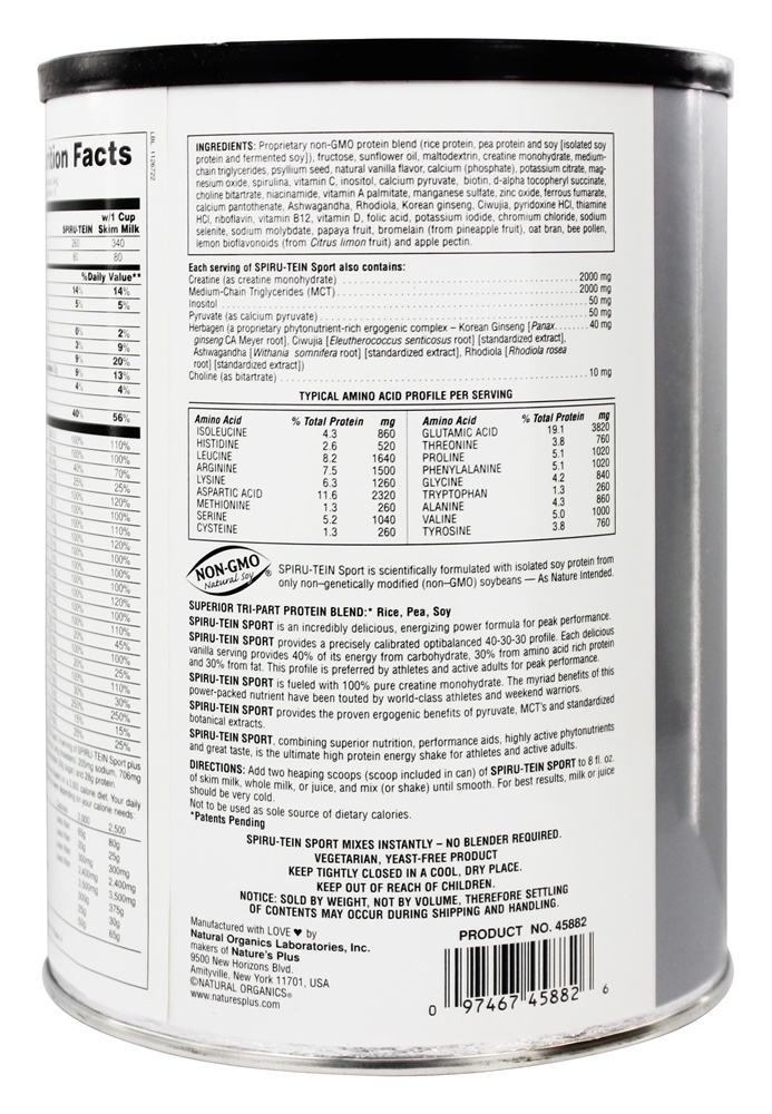 Spiru-Tein Esporte Pico Atuação Proteína Pó Baunilha - 2.3 lbs. Natures Plus - Imagem 3