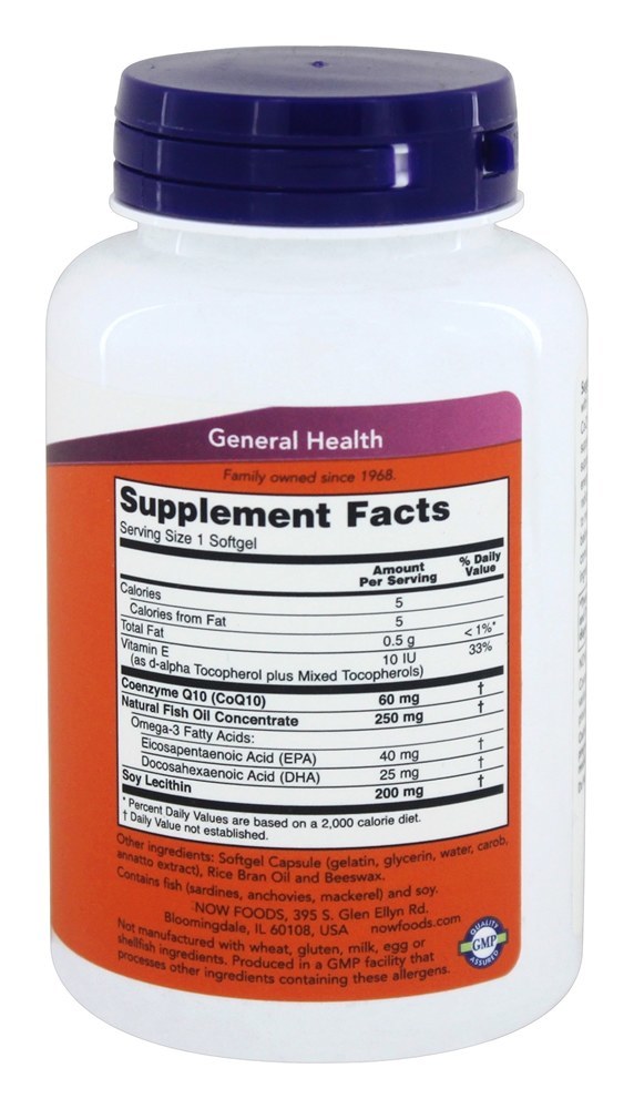 CoQ10 com Omega - 3 Óleo de Peixe 60 mg . - 120 Softgels NOW Foods - Imagem 2