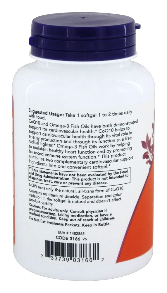 CoQ10 com Omega - 3 Óleo de Peixe 60 mg . - 120 Softgels NOW Foods - Imagem 3