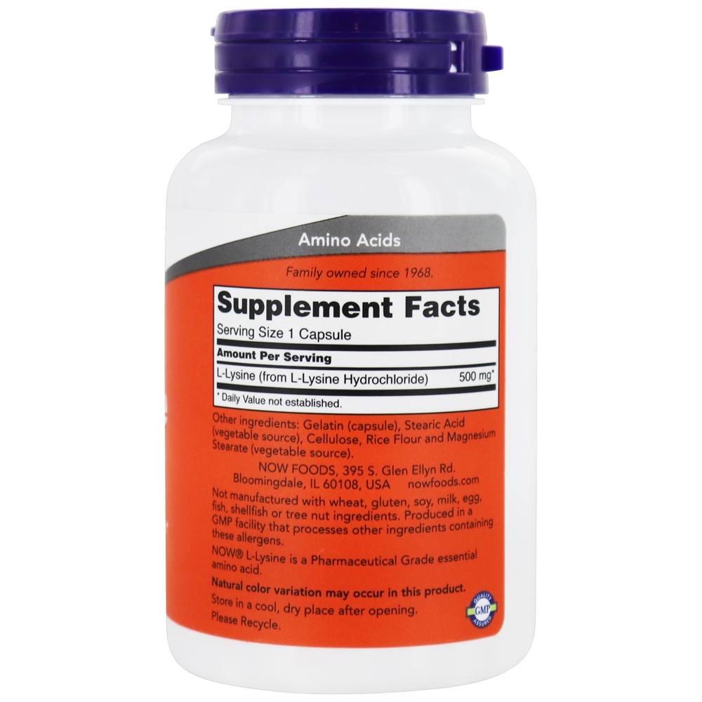 L-Lisina 500 mg. - Cápsulas 100 NOW Foods - Imagem 2