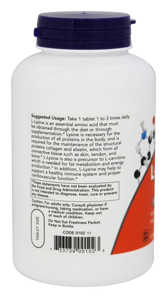 L-Lisina Vegetariana 500 mg. - 250 Tablets NOW Foods - Imagem 3