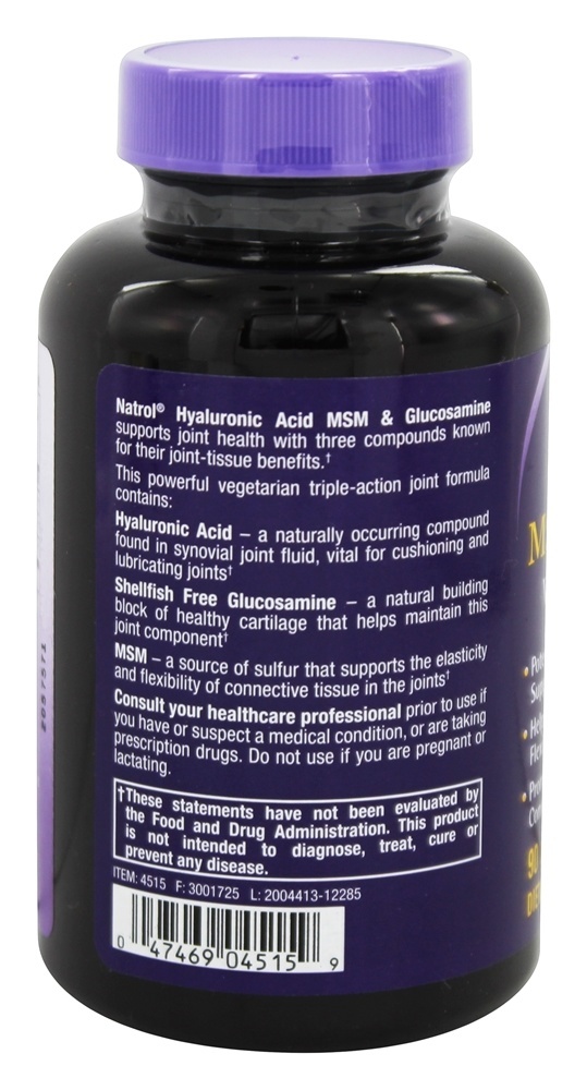Ácido Hialurônico MSM e Glucosamina - Cápsulas 90 Natrol - Imagem 3
