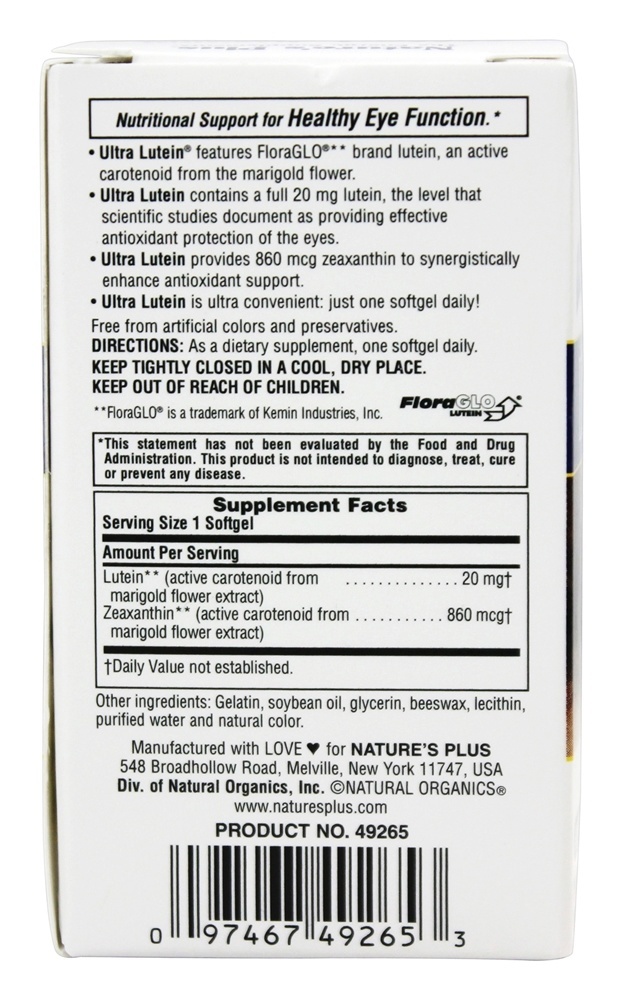 Ultra Lutein 20 mg. - 60 Softgels Natures Plus - Imagem 2