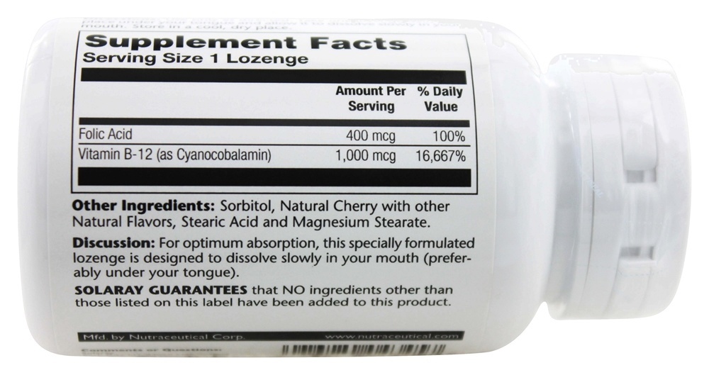 Vitamina B12 Com Ácido Fólico Sabor Natural de Cereja 1000 mcg. - 90 Pastilhas Solaray - Imagem 3