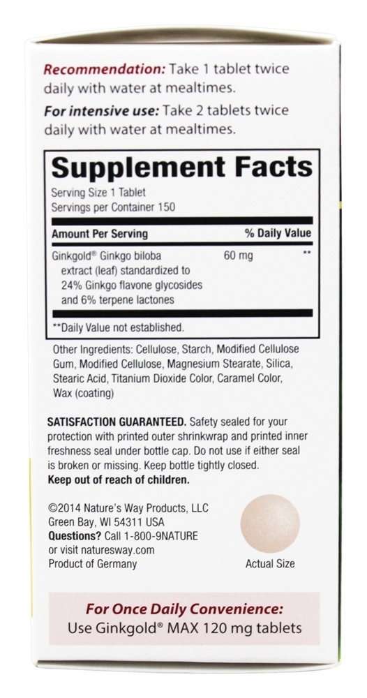 Tamanho do bônus de Ginkgold ( 50 % mais grátis! 100 + 50 Grátis) 60 mg. - 150 Tablets Nature's Way - Imagem 2