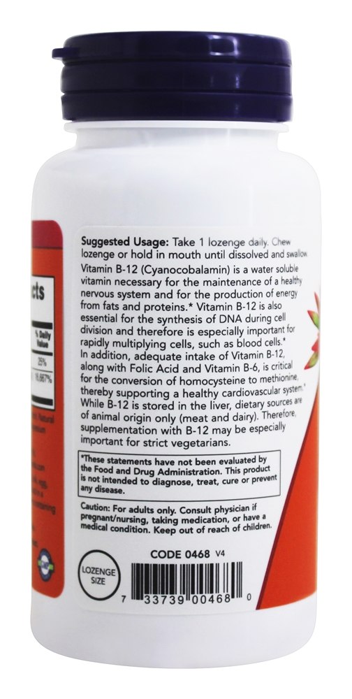Sistema Nervoso da Vitamina B12 Health Support 1000 mcg. - 250 Pastilhas NOW Foods - Imagem 3