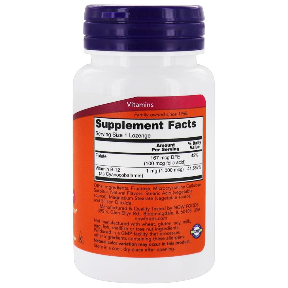 B12 com Ácido Fólico 1000 mcg. - 100 Pastilhas NOW Foods - Imagem 2