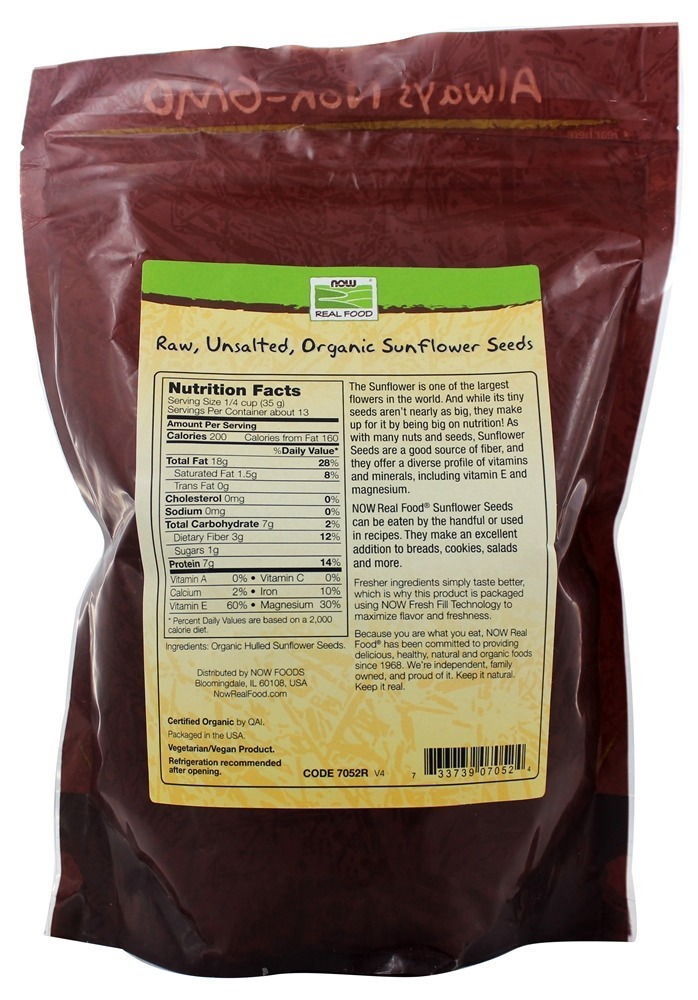 Sementes De Girassol Orgânico Cru Sem Sal - 16 oz. NOW Foods - Imagem 2