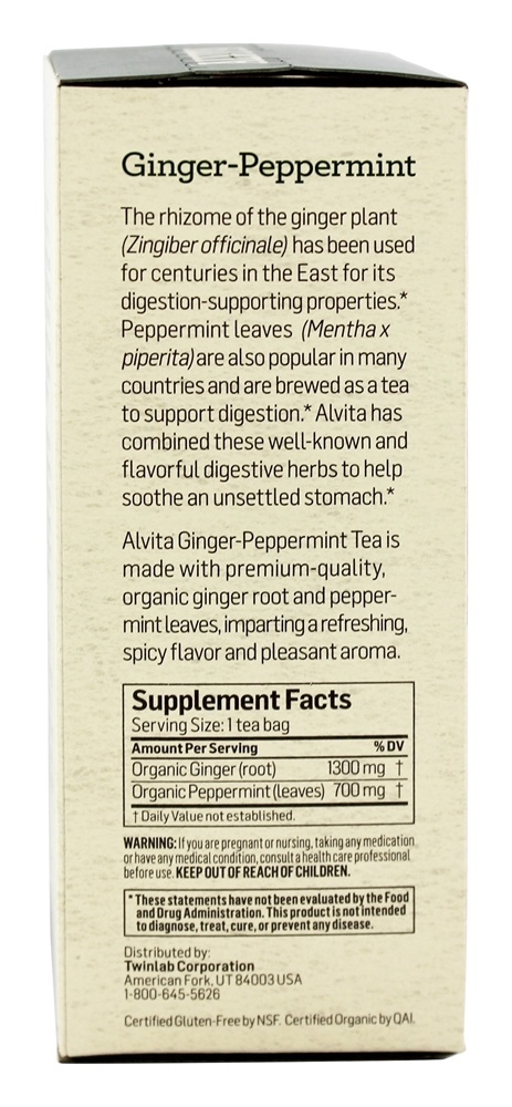 Ginger-Peppermint Organic Tea Sem cafeína - 24 Saquinhos de Chá Alvita - Imagem 2