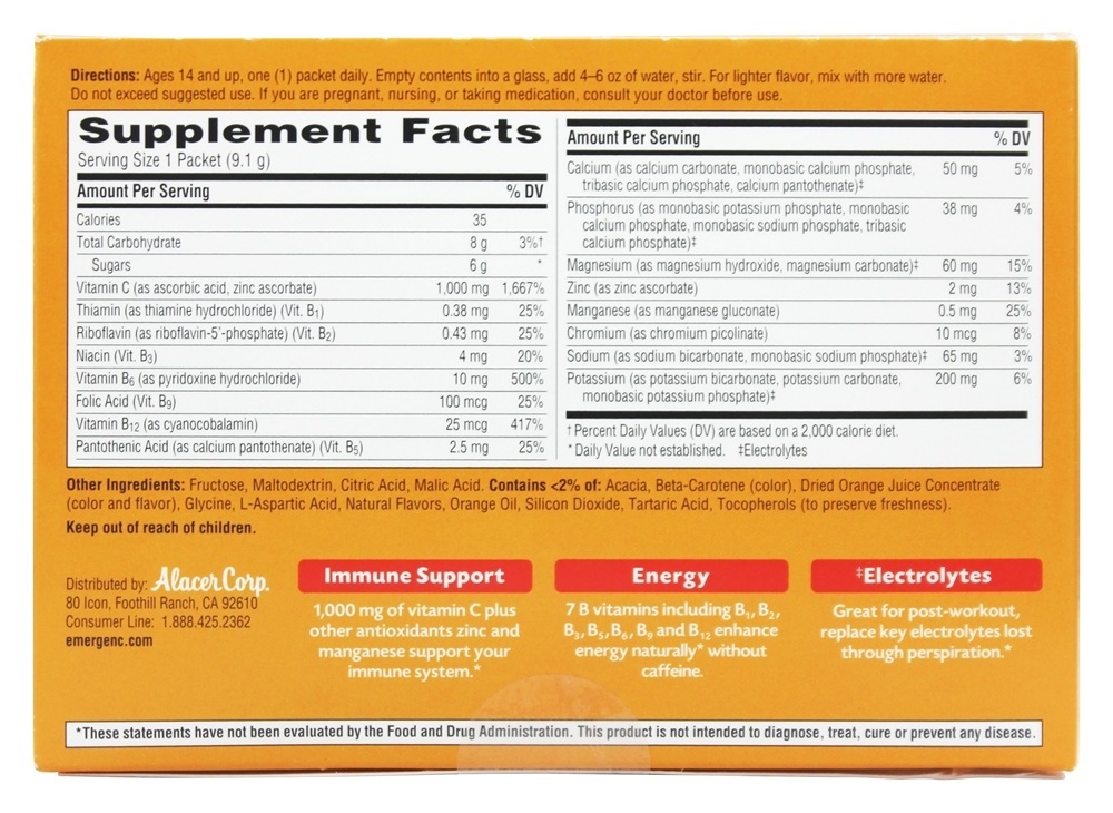Emergen-C Vitamina C Super Laranja 1000 mg. - 30 Pacotes (s) Alacer - Imagem 2