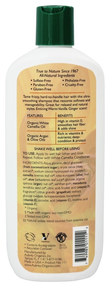 Shampoo Branco Camélia Suave Revival Quente Baunilha Gengibre - 11 fl. oz. Aubrey Organics - Imagem 2