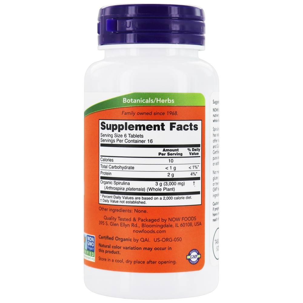 Spirulina Orgânica 500 mg. - 100 Tablets NOW Foods - Imagem 2