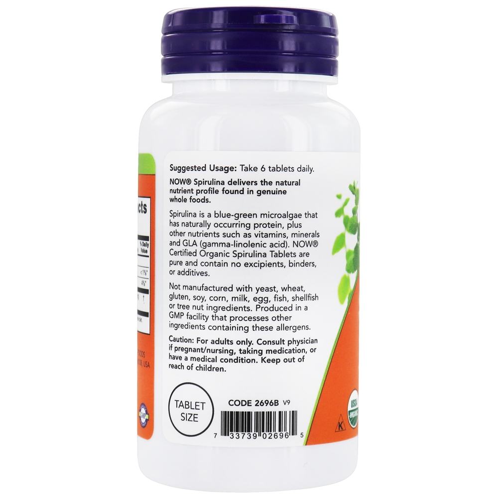 Spirulina Orgânica 500 mg. - 100 Tablets NOW Foods - Imagem 3