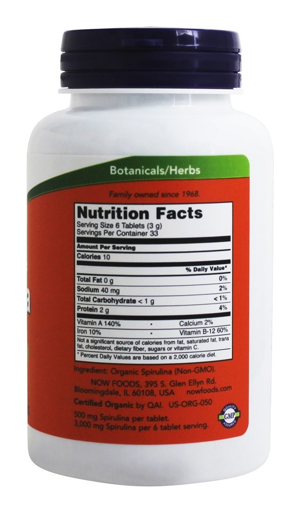 Spirulina Orgânica 500 mg. - 200 Tablets NOW Foods - Imagem 2