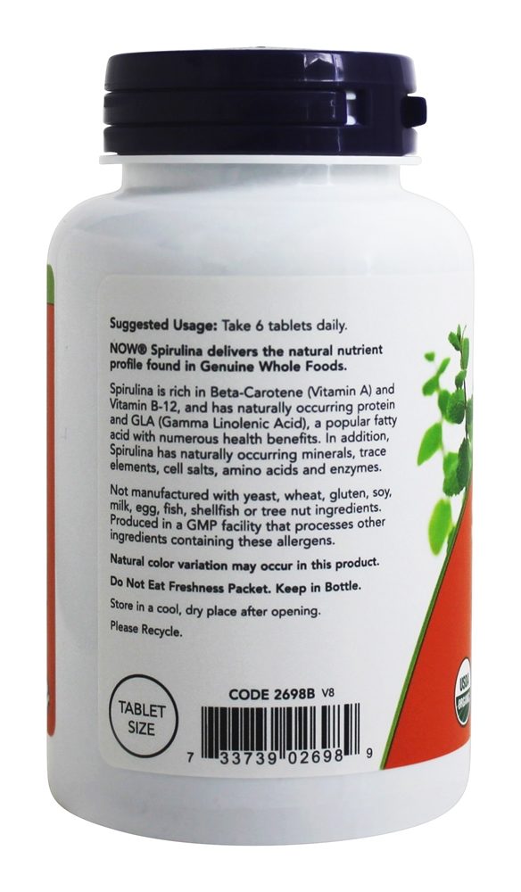 Spirulina Orgânica 500 mg. - 200 Tablets NOW Foods - Imagem 3