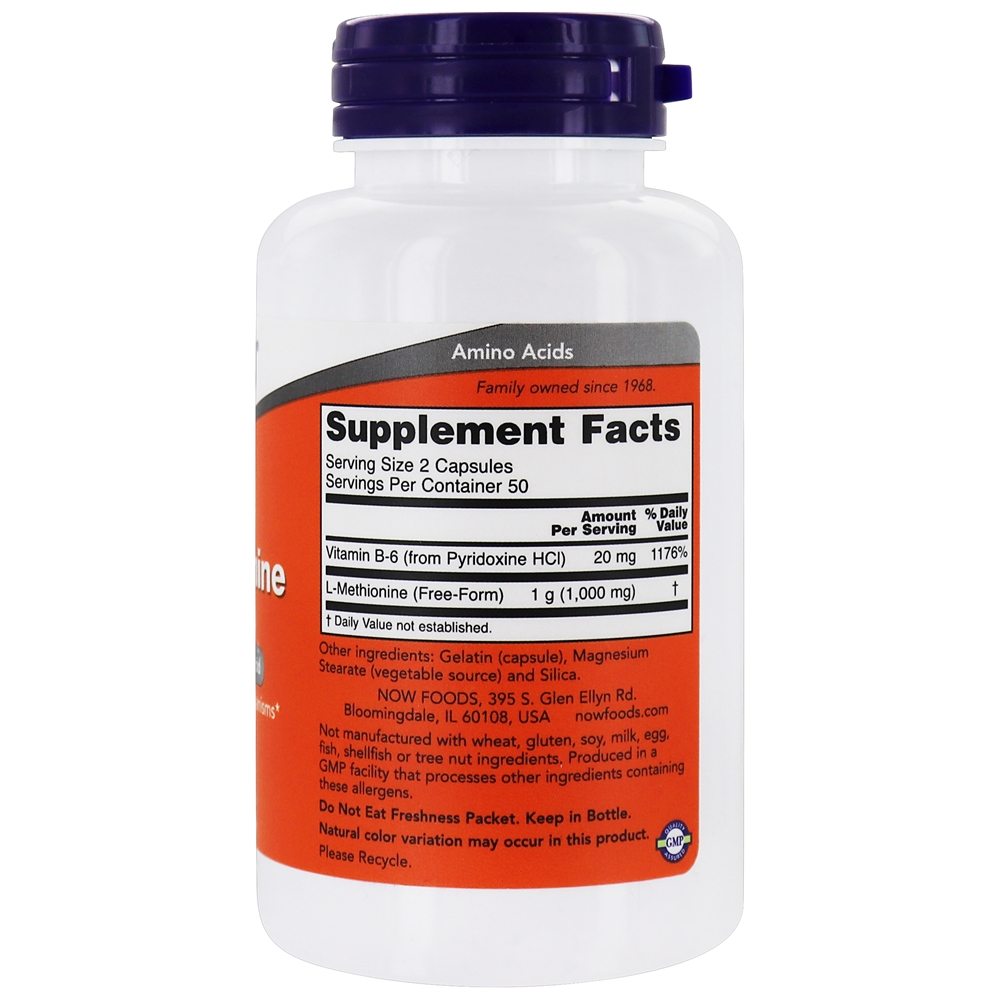 Aminoácido Essencial de L-Metionina 500 mg . - Cápsulas 100 NOW Foods - Imagem 2