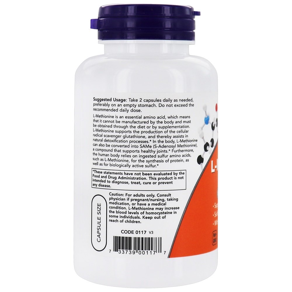 Aminoácido Essencial de L-Metionina 500 mg . - Cápsulas 100 NOW Foods - Imagem 3
