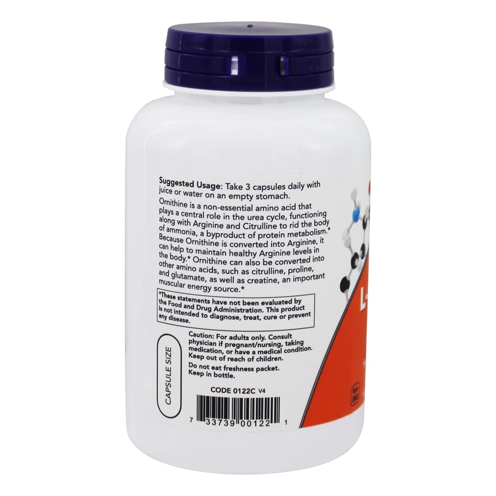 Aminoácido L-Ornitina 500 mg . - Cápsulas 120 NOW Foods - Imagem 3
