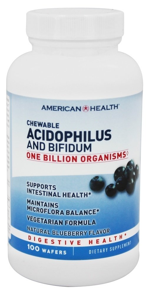 Acidophilus mastigável com sabor de Blueberry Natural Bifidum 1 Bilhões de UFC - 100 Bolachas American Health
