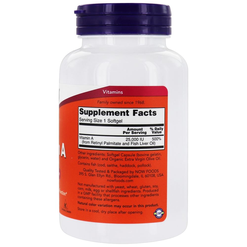 Nutrição essencial à vitamina A 25000 UI - 250 Softgels NOW Foods - Imagem 2