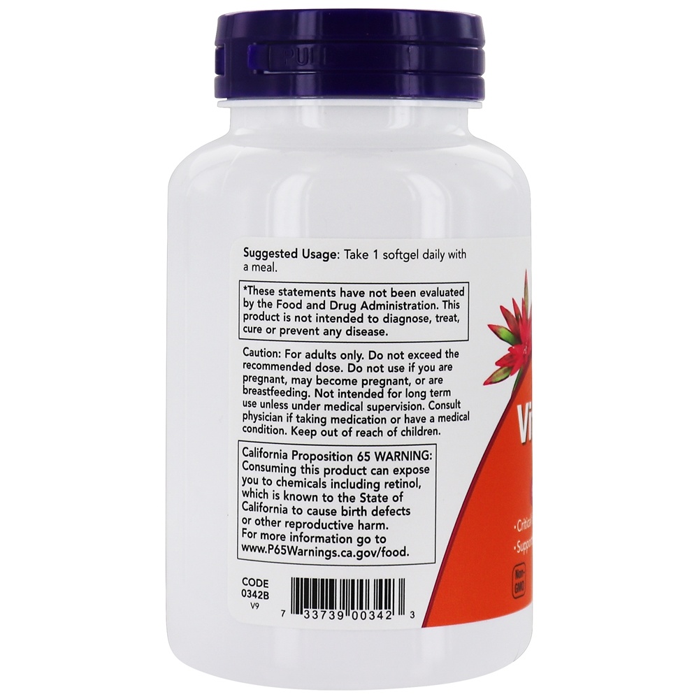 Nutrição essencial à vitamina A 25000 UI - 250 Softgels NOW Foods - Imagem 3