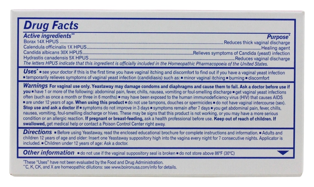Medicamento homeopático Yeastaway para alívio de infecções fúngicas - 7 Supositórios Boiron - Imagem 2