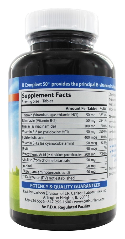 B Complexo Complexo de vitamina B 50 - 100 Tablets Carlson Labs - Imagem 2