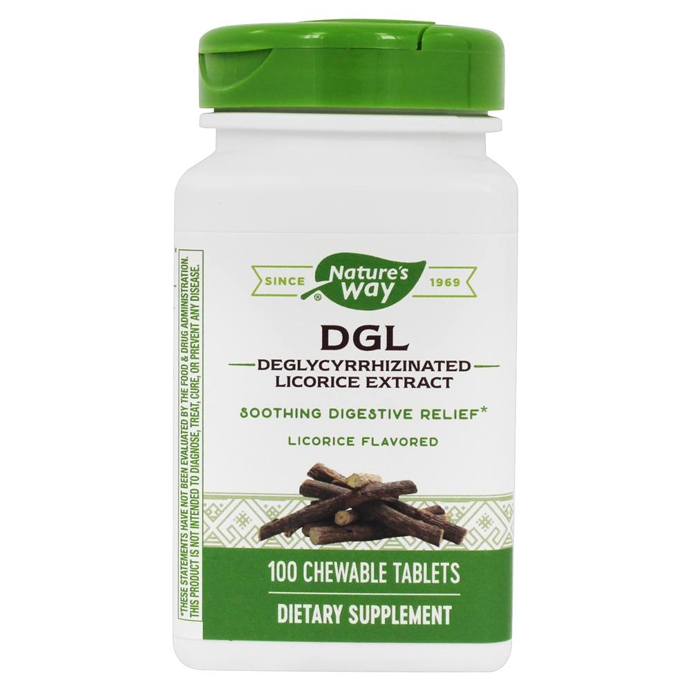 Extrato de alcaçuz desglicirrhizinado DGL Alcaçuz digestivo calmante - 100 comprimidos mastigáveis Nature's Way