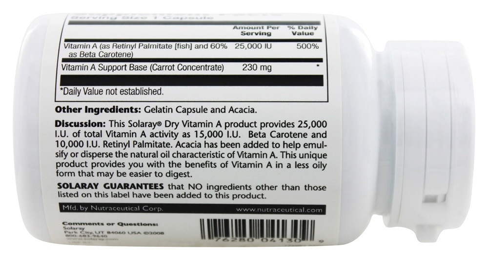 Vitamina A Seca 25000 UI - Cápsulas 60 Solaray - Imagem 3