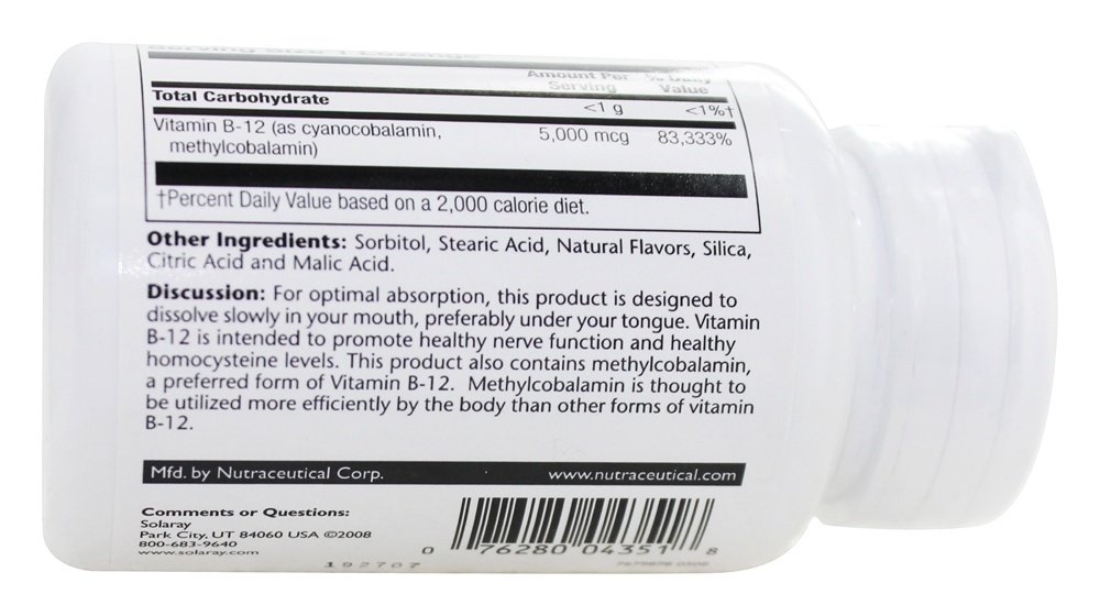 Vitamina B12 5000 mcg. - 30 Pastilhas Solaray - Imagem 2