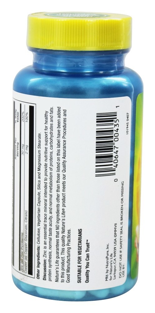 Zinco 30 mg. - Cápsulas vegetarianas 100 Nature's Life - Imagem 3