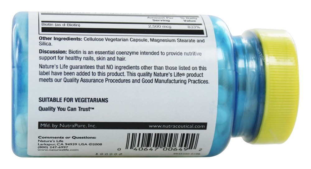 Coenzima Essencial da Biotina 2500 mcg. - Cápsulas vegetarianas 100 Nature's Life - Imagem 3