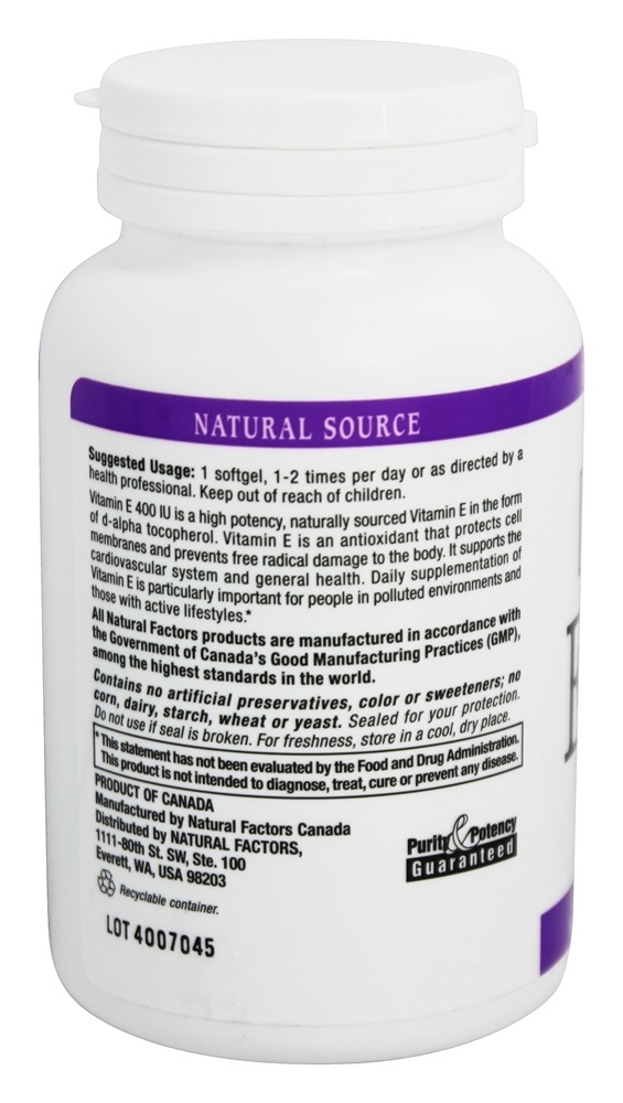 Vitamina E Misturada 100 % Natural Fonte 400 IU - 180 Softgels Natural Factors - Imagem 3