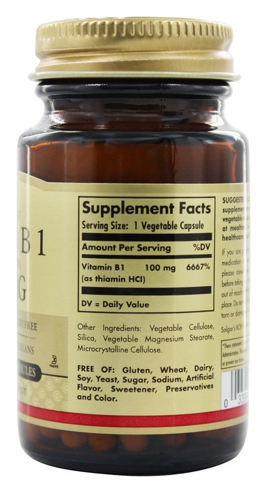 Vitamina B1 (tiamina) 100 mg. - Cápsulas vegetarianas 100 Solgar - Imagem 2
