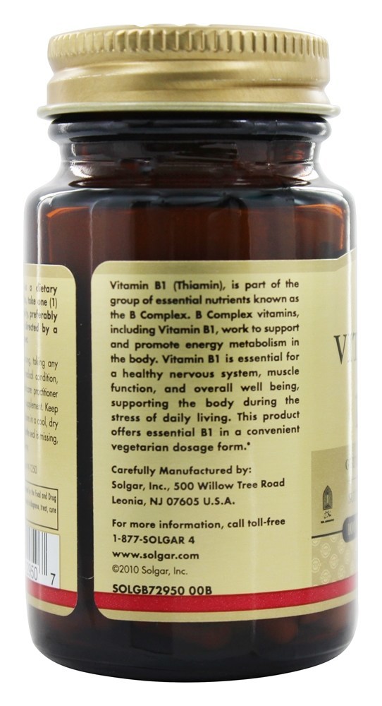 Vitamina B1 (tiamina) 100 mg. - Cápsulas vegetarianas 100 Solgar - Imagem 4