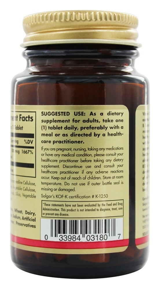 Vitamina B12 100 mcg. - 100 Tablets Solgar - Imagem 3