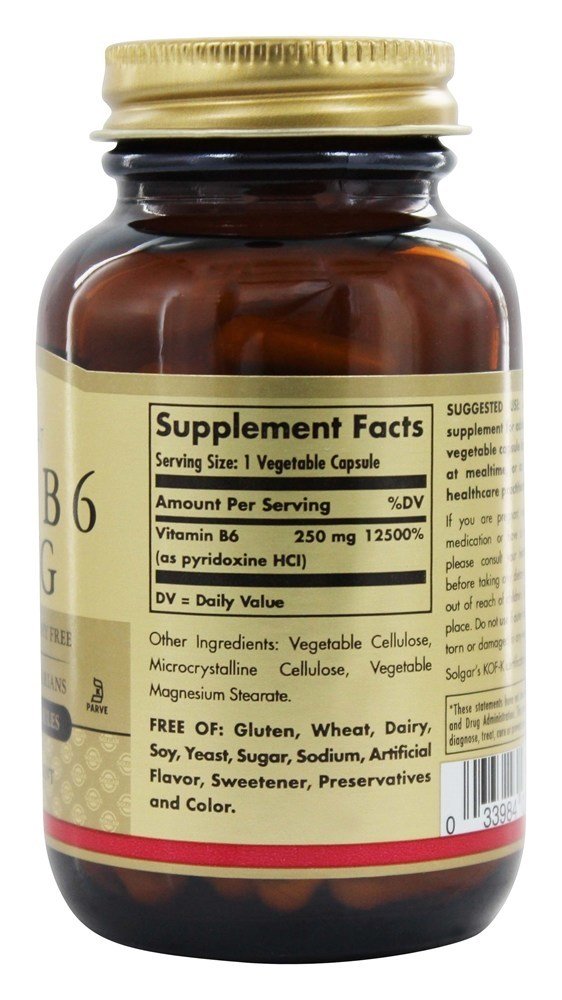 Vitamina B6 250 mg. - Cápsulas vegetarianas 100 Solgar - Imagem 2
