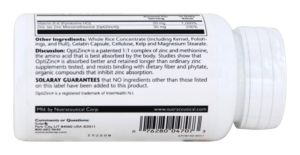 OptiZinc 30 mg. - Cápsulas 60 Solaray - Imagem 2