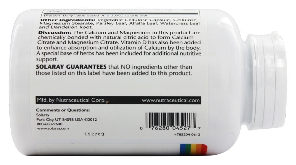 Citrato Cal-Mag Com 400 Vitamina D I 2 : 1 Ratio - Cápsulas vegetarianas 180 Solaray - Imagem 4