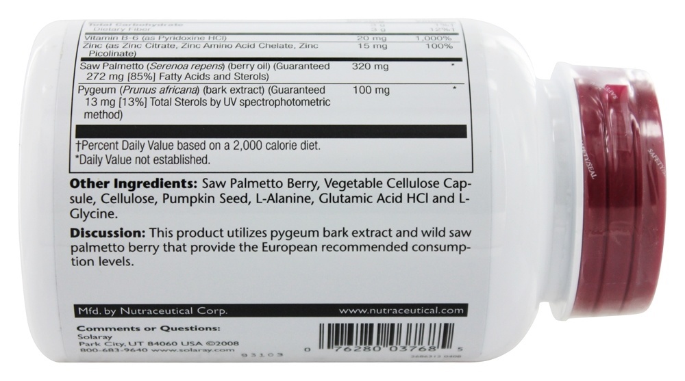 Potência Garantida Pygeum & Saw Palmetto - Cápsulas vegetarianas 120 Solaray - Imagem 4