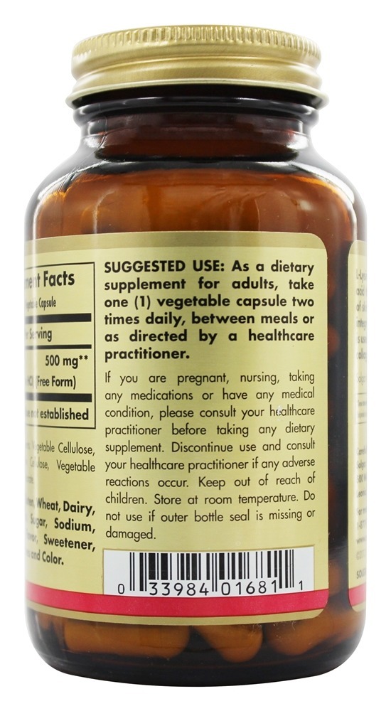 L-Lisina Forma Livre 500 mg. - Cápsulas vegetarianas 100 Solgar - Imagem 3