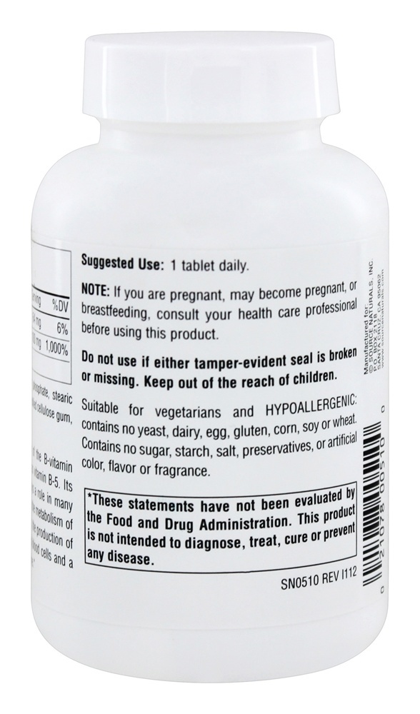Ácido Pantotênico Vitamina B5 100 mg. - 250 Tablets Source Naturals - Imagem 3