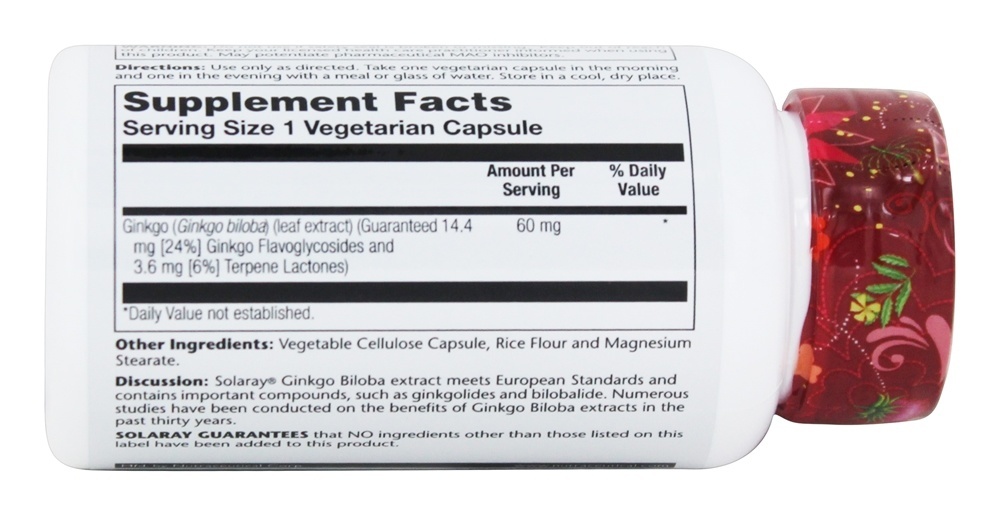 Garantido Potência Ginkgo Biloba Extrair 60 mg. - Cápsulas vegetarianas 120 Solaray - Imagem 2
