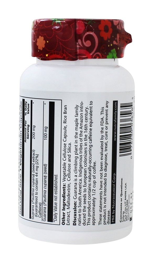 Potência Garantida Extrato de Semente de Guaraná 200 mg. - Cápsulas vegetarianas 60 Solaray - Imagem 3