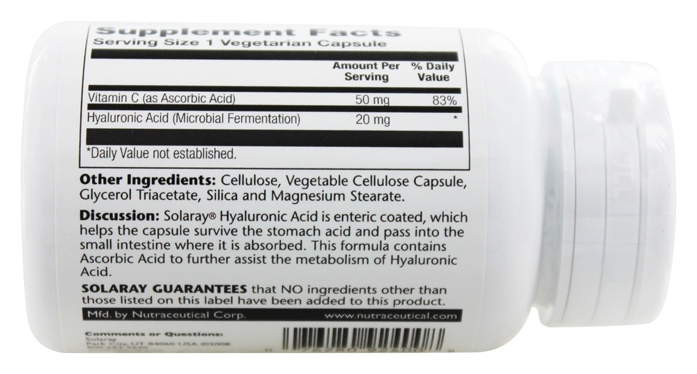Ácido Hialurônico Com Revestimento Entérico 20 mg. - Cápsulas vegetarianas 30 Solaray - Imagem 3