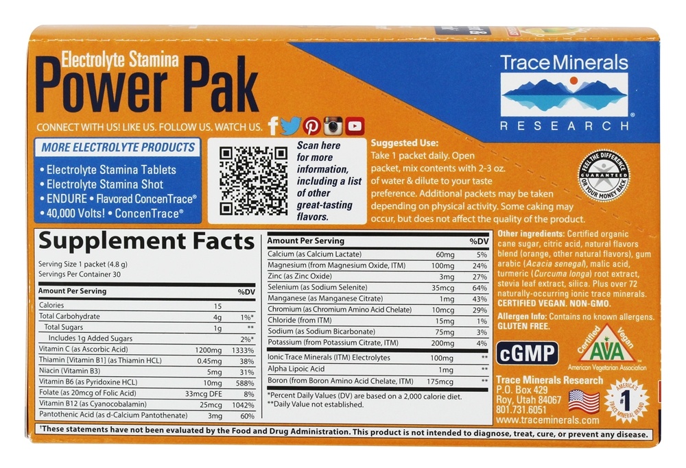 Eletrólito Energia Poder Pak Laranja Explosão - 30 Pacotes (s) Trace Minerals Research - Imagem 2