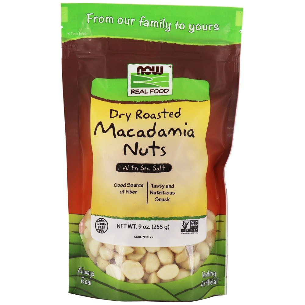 Real Food Dry nozes de macadâmia assadas com sal marinho Seco assado e salgado - 9 oz. NOW Foods