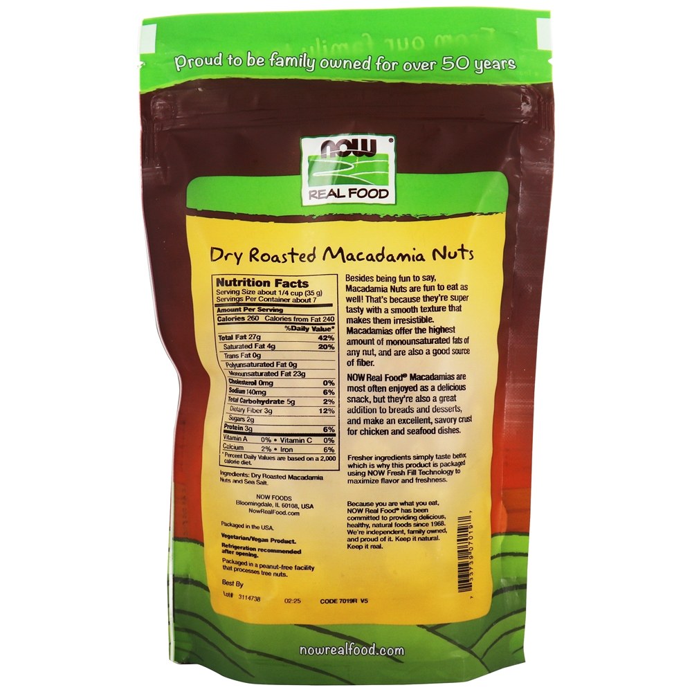 Real Food Dry nozes de macadâmia assadas com sal marinho Seco assado e salgado - 9 oz. NOW Foods - Imagem 2