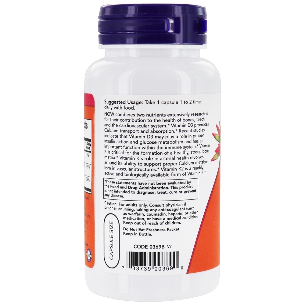 Vitamina D3 & K2 - 120 Cápsula (s) vegetal (s) NOW Foods - Imagem 3