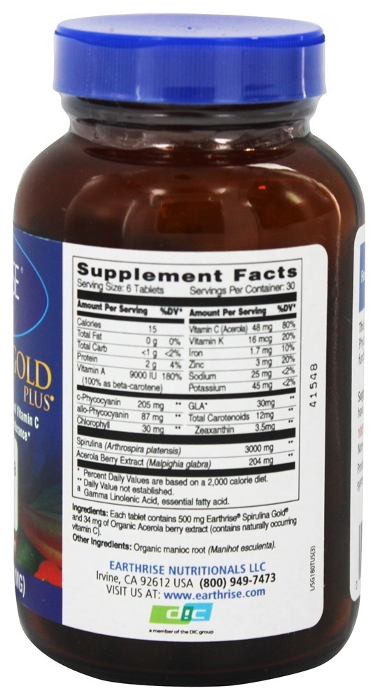 Spirulina Ouro Mais 500 mg. - 180 Tablets Earthrise - Imagem 2